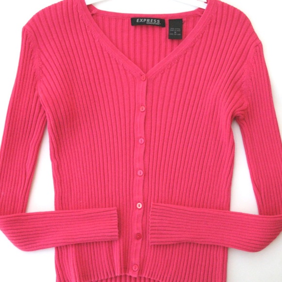 Vintage Y2K 90s Express Cardigan Sweater V-Neck Button Up Long Sleeve Neon Pink - Picture 3 of 9